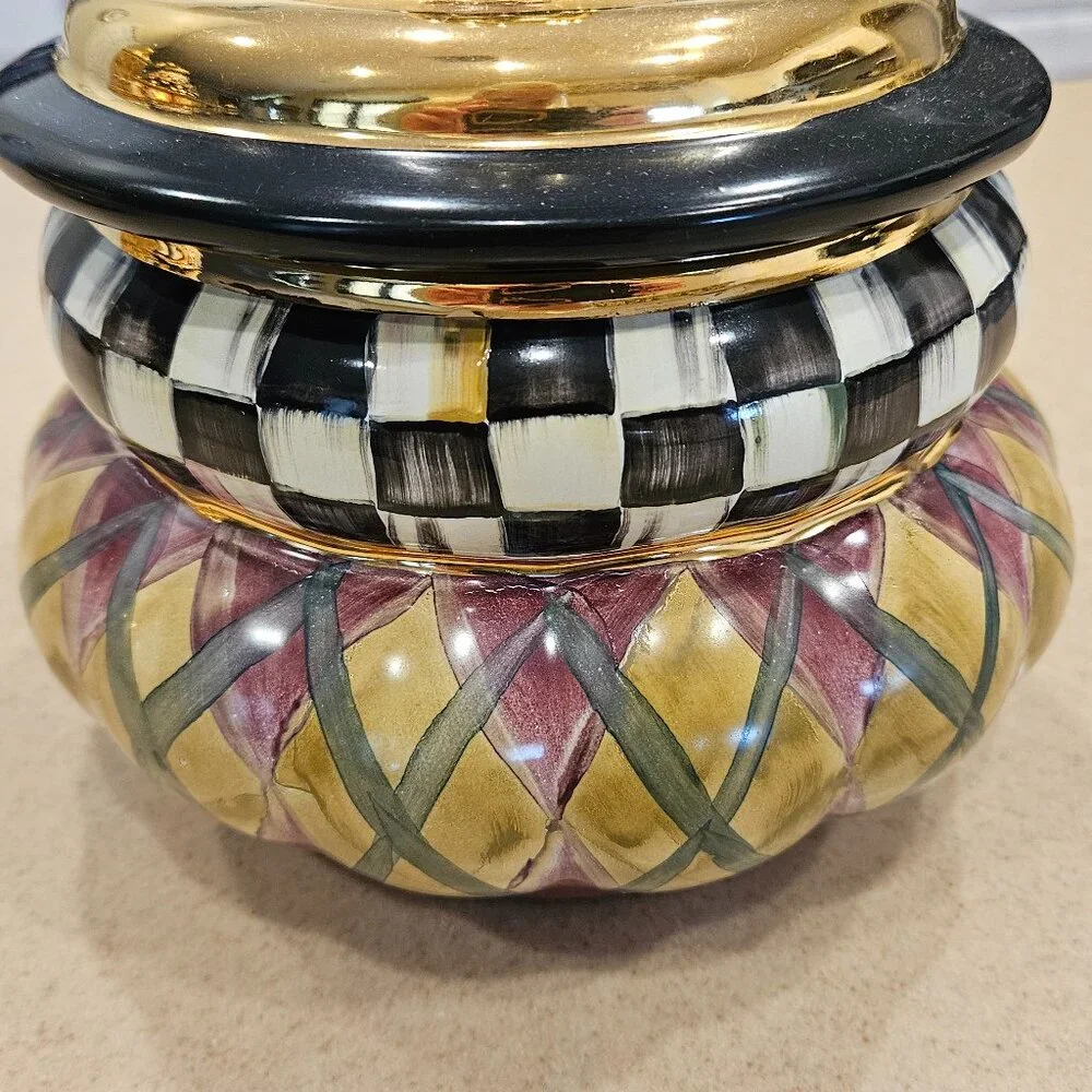 RARE MACKENZIE CHILDS ARGYLE PLAID AURORA CERAMIC GROOVY CANISTER JAR DISH